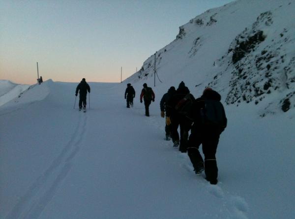 Maintenance crew walking the 2.5km into the ski area from the Rakaia Saddle